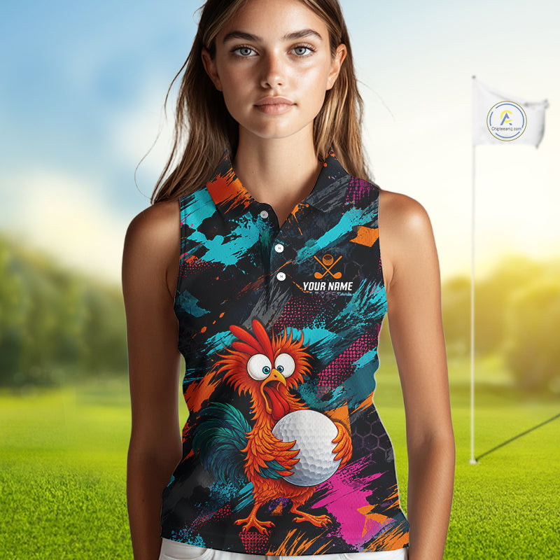A woman modeling a sleeveless collared golf shirt with a colorful graphic print featuring a cartoon rooster holding a golf ball. The shirt has a dark base with vibrant teal, orange, pink, and yellow paint-splatter style patterns, and a white 'YOUR NAME' placeholder on the chest.