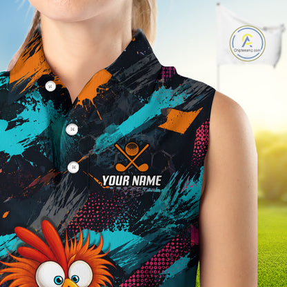 A sleeveless collared golf shirt with a colorful abstract print, shown on a model. The shirt features teal, orange, black, and magenta paint strokes, a custom golf club graphic with the text 'YOUR NAME', and a cartoon bird character at the bottom left.