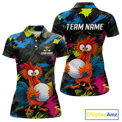 Custom short-sleeve polo shirt shown from the front and back, featuring a colorful cartoon rooster holding a golf ball on a black splatter background. The front has a small customizable logo area reading 'YOUR NAME' with golf clubs, and the back has 'TEAM NAME' text above the rooster.