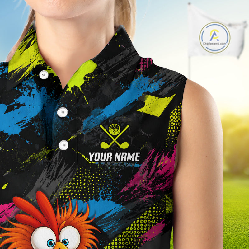 A sleeveless collared golf shirt with a colorful abstract print, shown on a model. The shirt features a black base with vibrant splashes of blue, green, pink, and yellow, a cartoon bird graphic at the bottom left, and a customizable chest print with crossed golf clubs and a golf ball.
