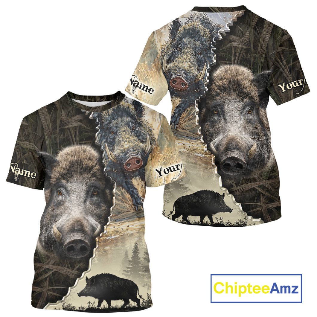 Brown Camo Wild Hog Hunting 3D All Over Print Shirts Custom Name, Boar Hunting Shirt NHT148