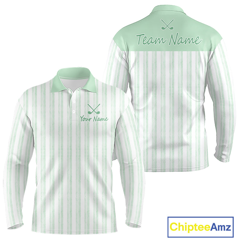 Personalized mint green striped golf polo shirt for men with custom team name