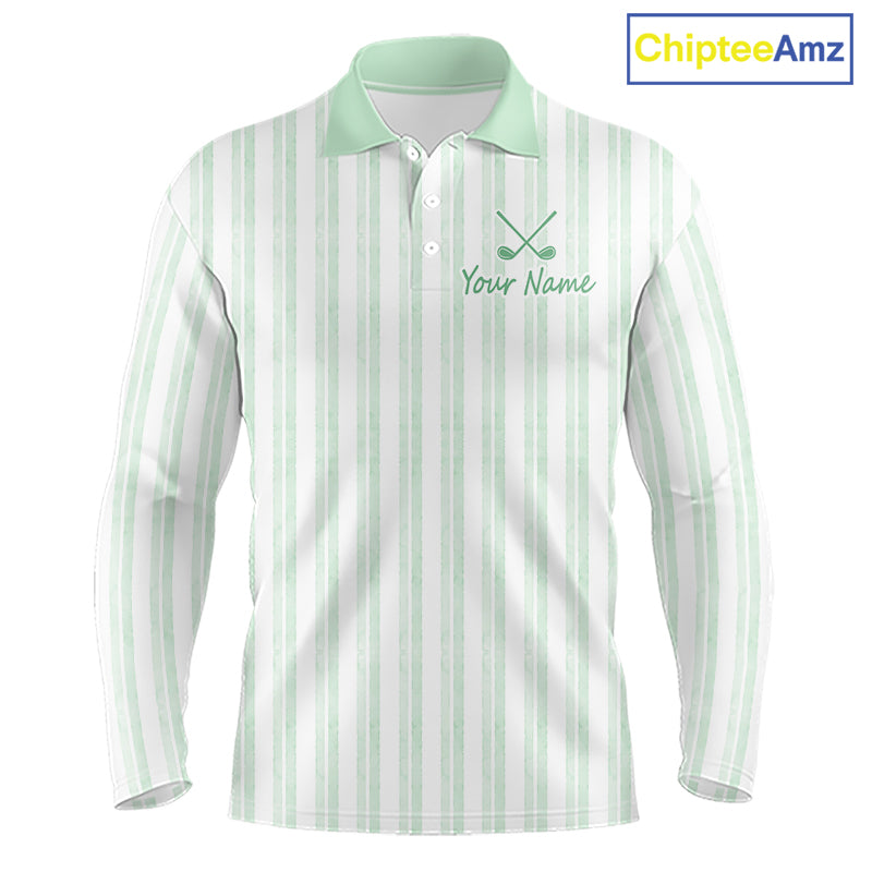 Personalized mint green striped golf polo shirt for men with custom team name