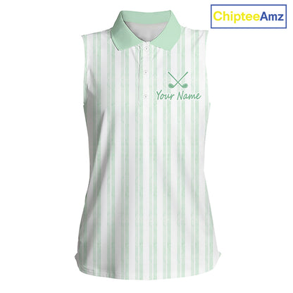 Personalized Womens Sleeveless Golf Polo Shirt Mint Green Striped Custom Team Name Polo For Womens