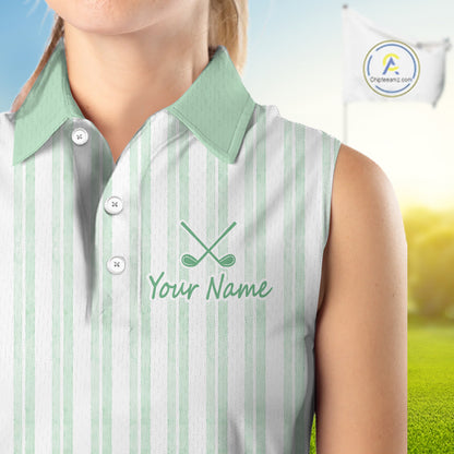 Personalized Womens Sleeveless Golf Polo Shirt Mint Green Striped Custom Team Name Polo For Womens NHT939
