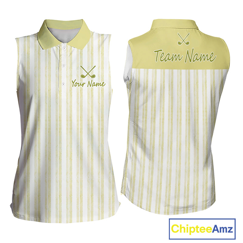Personalized Womens Sleeveless Golf Polo Shirt Mint Yellow Striped Custom Team Name Polo For Womens