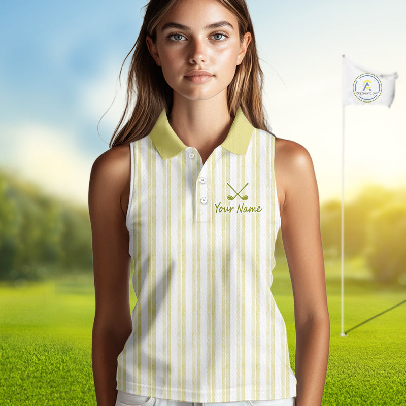 Personalized Womens Sleeveless Golf Polo Shirt Mint Yellow Striped Custom Team Name Polo For Womens NHT940