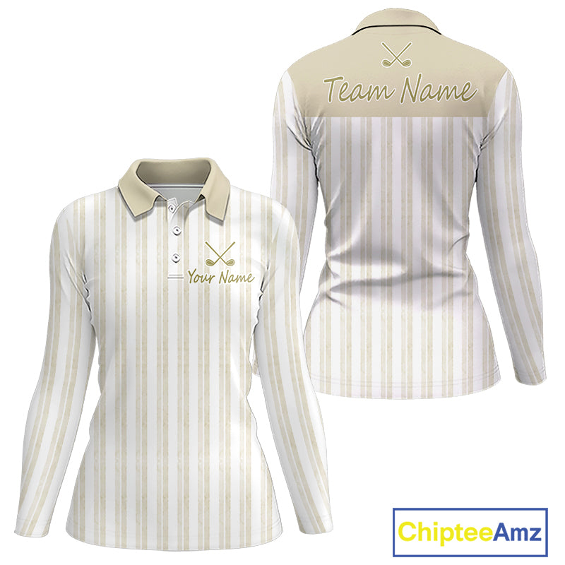 Personalized Golf Polo Shirt Beige Striped Custom Team Name Polo For Womens 