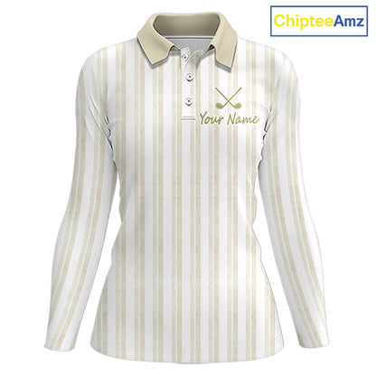 Personalized Golf Polo Shirt Beige Striped Custom Team Name Polo For Womens 