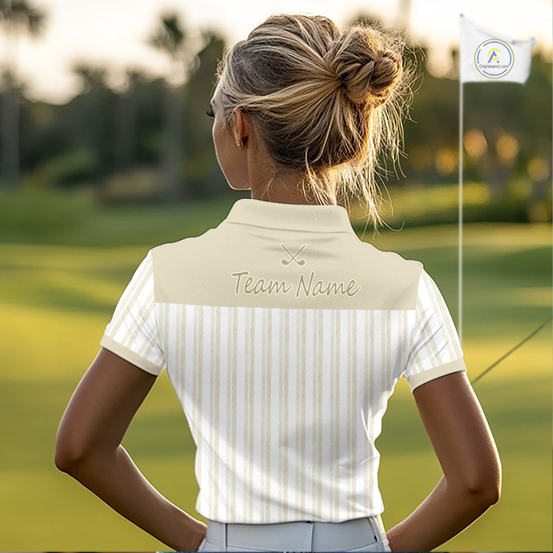 Personalized Golf Polo Shirt Beige Striped Custom Team Name Polo For Womens NHT941