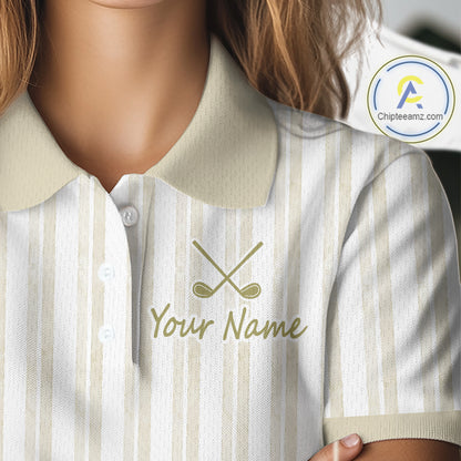 Personalized Golf Polo Shirt Beige Striped Custom Team Name Polo For Womens NHT941