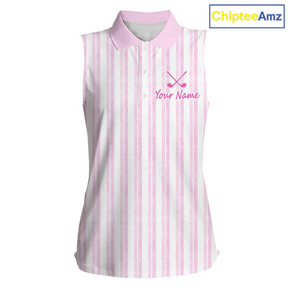 Personalized Womens Sleeveless Golf Polo Shirt Mint Pink Striped Custom Team Name
