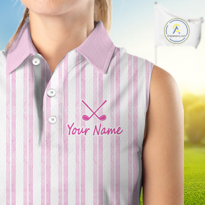 Personalized Womens Sleeveless Golf Polo Shirt Mint Pink Striped Custom Team Name Polo For Womens NHT944