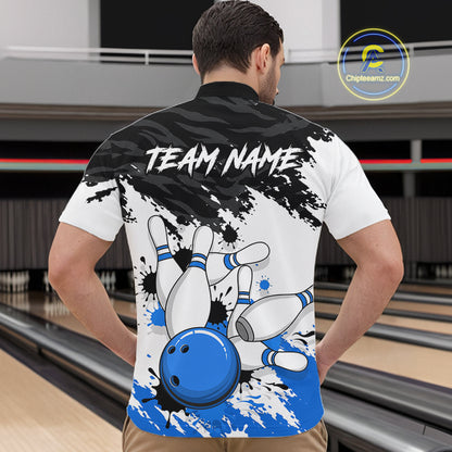 Bowling Shirt Custom Name Blue Black White Bowling Ball Personalized Team Jersey Gift For Men NHT1249