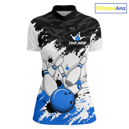 A short-sleeve bowling-themed polo shirt with a black, white, and blue paint-splatter design, featuring bowling pins, a blue bowling ball, and customizable text 'YOUR NAME' on the chest. A 'ChipteeAmz' logo is visible in the top right corner.