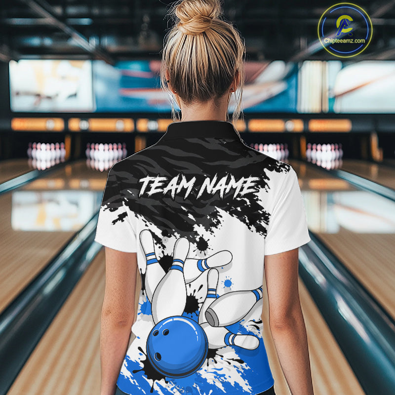 Bowling Shirt Custom Name Blue Black White Bowling Ball Personalized Team Jersey Gift For Women NHT1249