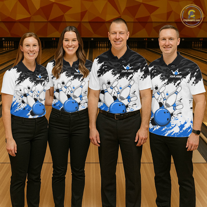 Bowling Shirt Custom Name Blue Black White Bowling Ball Personalized Team Jersey Gift For Women NHT1249