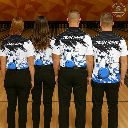 Bowling Shirt Custom Name Blue Black White Bowling Ball Personalized Team Jersey Gift For Women NHT1249