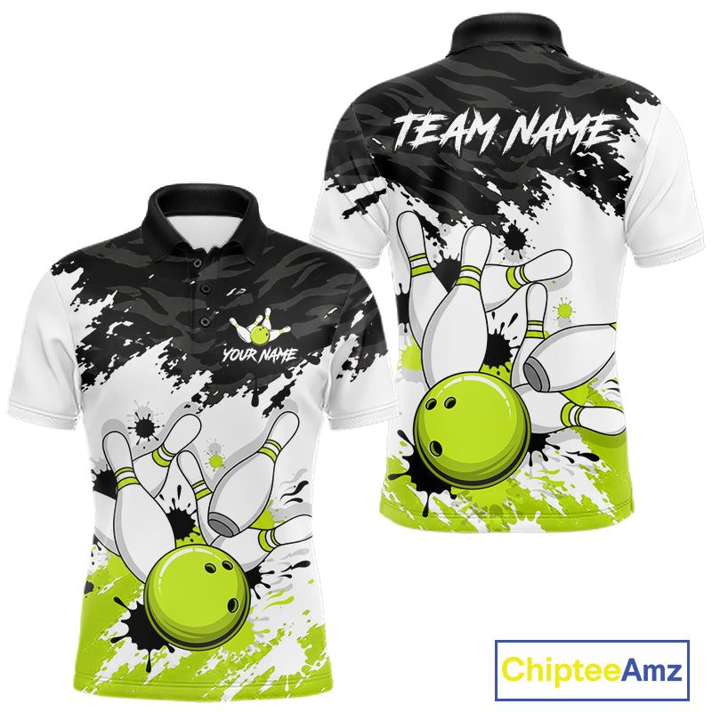 Front and back views of a custom short-sleeve polo shirt featuring a bowling theme with a bright green bowling ball and pins on a black, white, and lime green paint-splatter background. The front shows placeholder text 'YOUR NAME' and 'TEAM NAME' on the chest, and a 'ChipteeAmz' logo is visible in the bottom right corner.