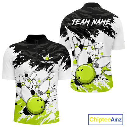 Front and back views of a short-sleeve bowling-themed polo shirt on a white background. The shirt features a black and white splatter/camo pattern with a bright lime green bowling ball and white bowling pins graphic.