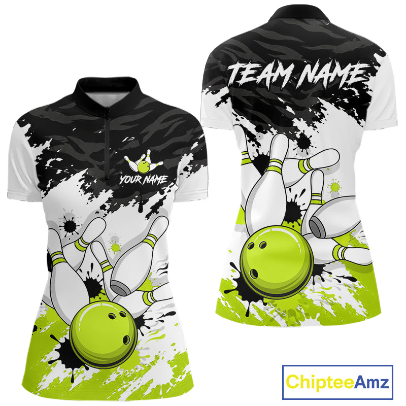 Front and back views of a short-sleeve polo shirt with a bowling-themed graphic print. The design features a black and white splatter pattern with bright lime green bowling balls and pins, customizable text placeholders reading 'YOUR NAME' and 'TEAM NAME', and a visible 'ChipteeAmz' logo in the bottom right corner.