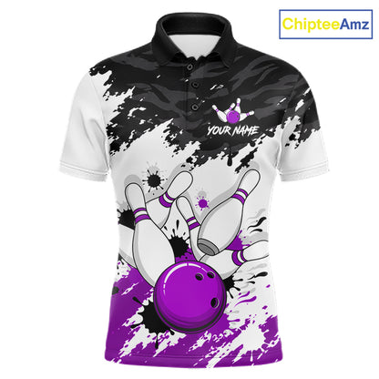 A short-sleeve polo shirt with a bowling-themed graphic print, featuring white bowling pins, a purple bowling ball, and black paint splatter designs on a white and black background. The shirt has a black collar, a button placket, and a customizable name graphic on the chest.