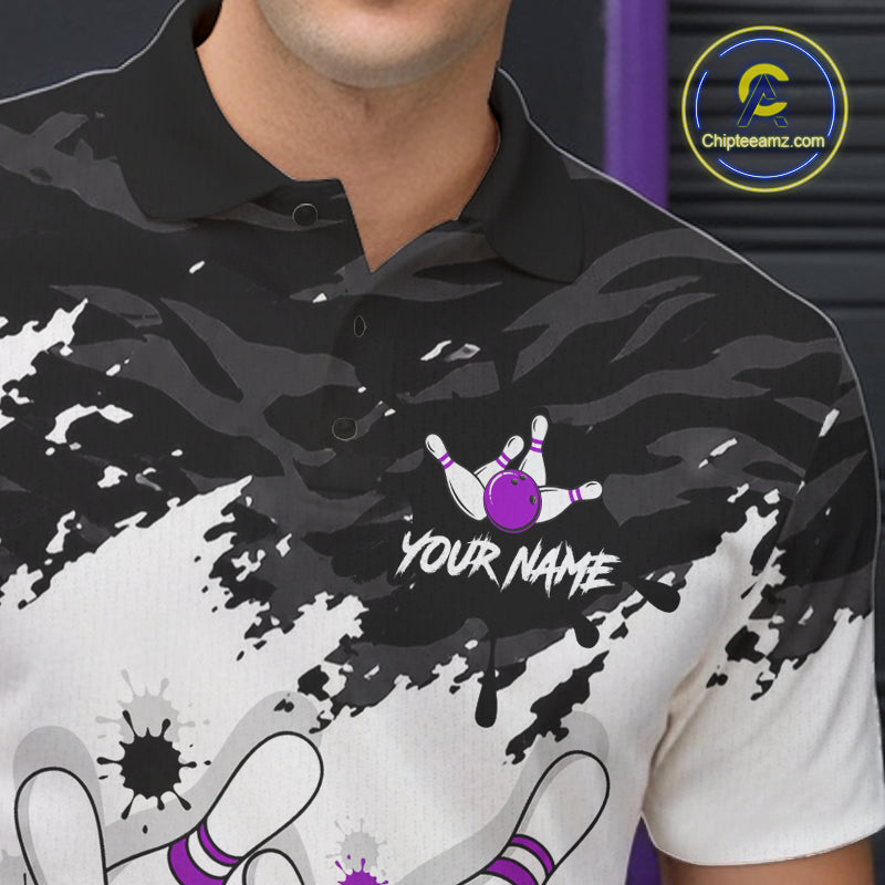 Bowling Shirt Custom Name Purple Black White Bowling Ball Personalized Team Jersey Gift For Men NHT1251