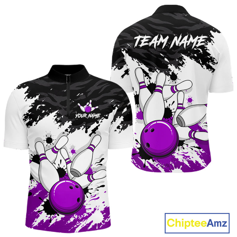 Front and back views of a short-sleeve custom bowling-themed polo shirt. The shirt features a black and white splatter/camo pattern with a large graphic of bowling pins and a purple bowling ball on the front, and 'TEAM NAME' and 'YOUR NAME' placeholder text on the back and chest.