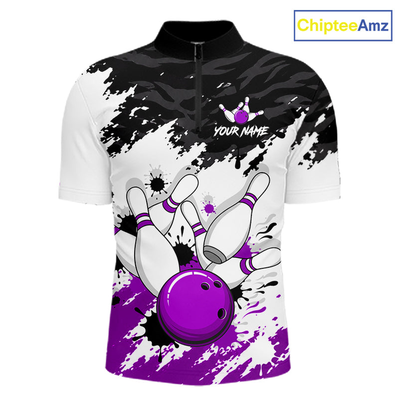 A short-sleeve quarter-zip bowling-themed polo shirt with a black and white paint-splatter background, featuring a graphic of bowling pins and a purple bowling ball, with the text 'YOUR NAME' and a bowling pin logo on the chest. The ChipteeAmz logo is in the top right corner.