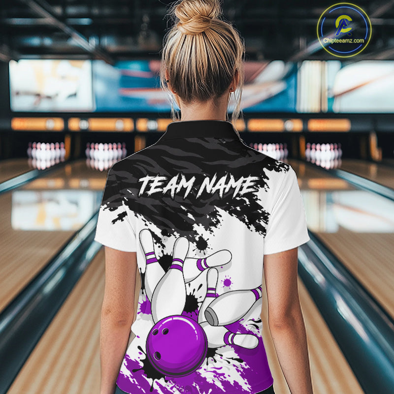 Bowling Shirt Custom Name Purple Black White Bowling Ball Personalized Team Jersey Gift For Women NHT1251