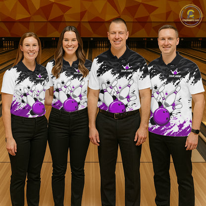 Bowling Shirt Custom Name Purple Black White Bowling Ball Personalized Team Jersey Gift For Women NHT1251