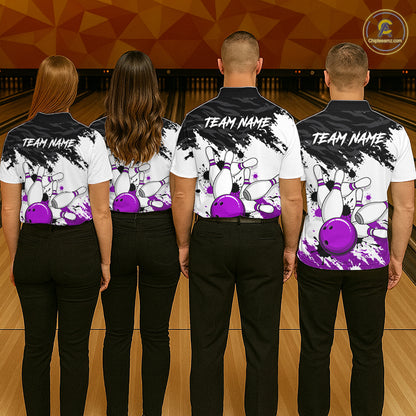 Bowling Shirt Custom Name Purple Black White Bowling Ball Personalized Team Jersey Gift For Men NHT1251