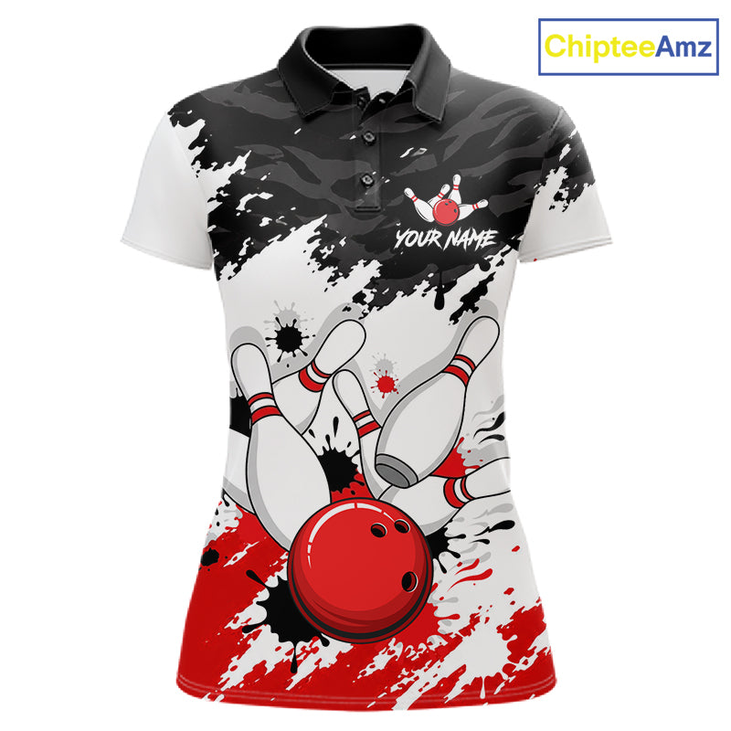 A women's short-sleeve polo shirt with a bowling-themed all-over print. The design features a black and gray camouflage pattern on the upper chest, a white background with black paint splatters, bowling pins, and a red bowling ball near the hem.