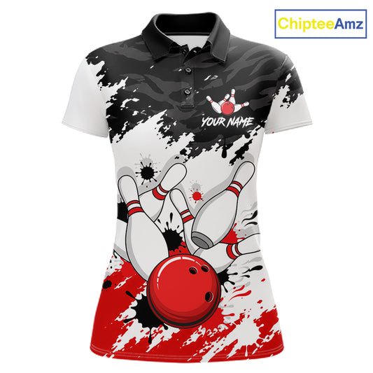 A women's short-sleeve polo shirt with a bowling-themed all-over print. The design features a black and gray camouflage pattern on the upper chest, a white background with black paint splatters, bowling pins, and a red bowling ball near the hem.