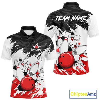 Front and back views of a customizable short-sleeve polo shirt with a bowling theme. The shirt features a black and white camouflage pattern with red and white paint splatters, bowling pins, and bowling balls, with placeholder text 'TEAM NAME' and 'YOUR NAME' on the back and front respectively.
