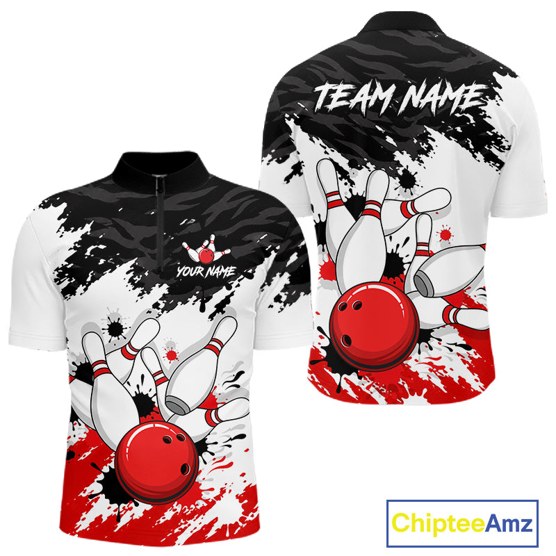 Front and back views of a short-sleeve custom bowling-themed polo shirt. The shirt features a black and white tiger-stripe pattern with red paint splatters, a red bowling ball graphic, and customizable text placeholders reading 'TEAM NAME' and 'YOUR NAME'.