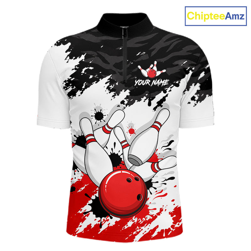 A short-sleeve quarter-zip bowling-themed shirt with a black, white, and red paint-splatter design featuring bowling pins and a red bowling ball. The shirt has a mock neck and a customizable name printed on the chest.