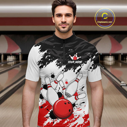Bowling Shirt Custom Name Red Black White Bowling Ball Personalized Team Jersey Gift For Men NHT1252
