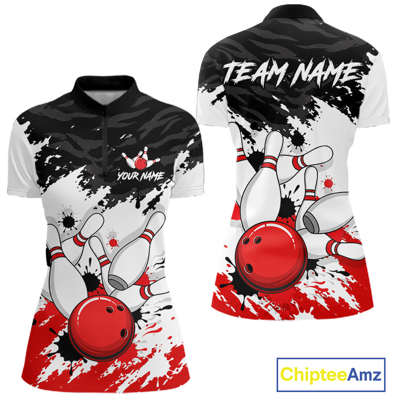 Front and back views of a customizable short-sleeve bowling-themed polo shirt. The design features a black and white splatter pattern with red accents, bowling pins, and red bowling balls, with placeholder text 'YOUR NAME' and 'TEAM NAME'.