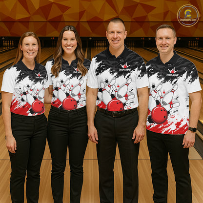 Bowling Shirt Custom Name Red Black White Bowling Ball Personalized Team Jersey Gift For Men NHT1252
