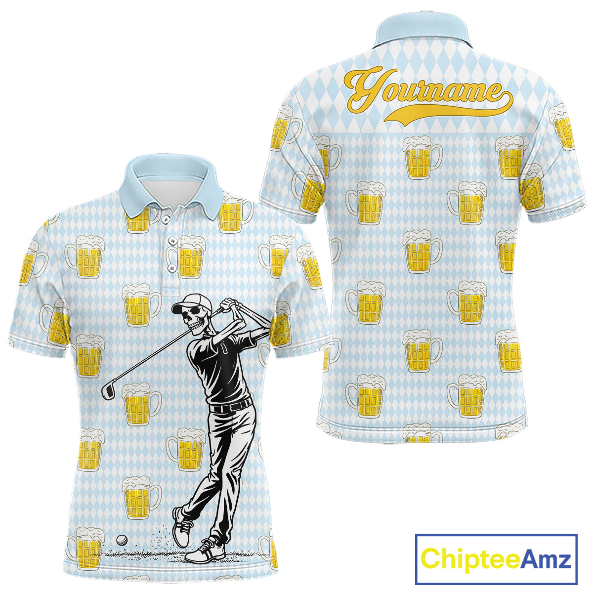 Funny Skull Golf Polo Shirts Beer Blue Argyle Pattern Custom Name Skull Playing Golf Apparel NBT629