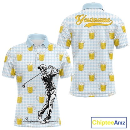 Funny Skull Golf Polo Shirts Beer Blue Argyle Pattern Custom Name Skull Playing Golf Apparel NBT629