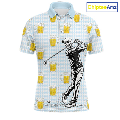 Funny Skull Golf Polo Shirts Beer Blue Argyle Pattern Custom Name Skull Playing Golf Apparel NBT629