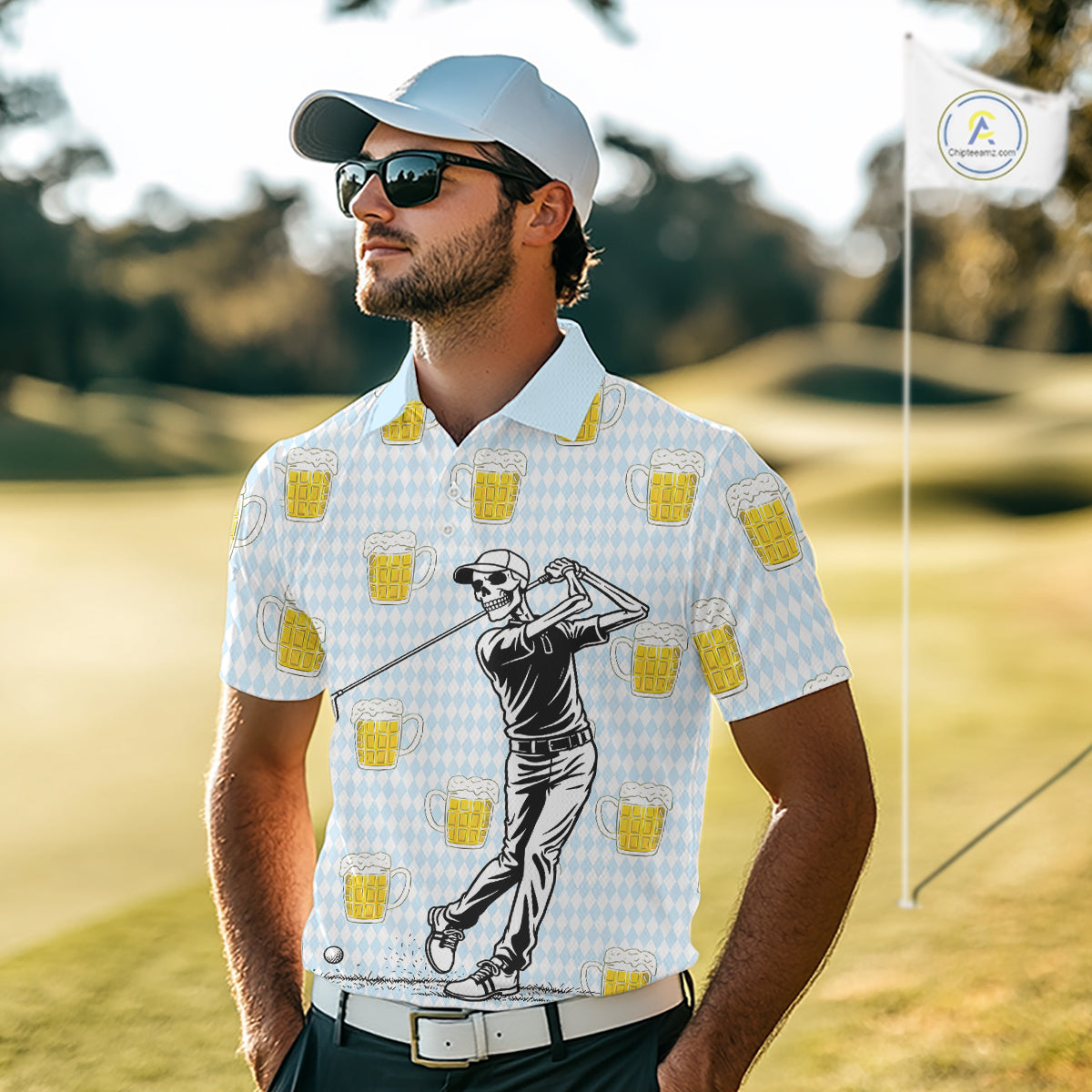 Funny Skull Golf Polo Shirts Beer Blue Argyle Pattern Custom Name Skull Playing Golf Apparel NBT629