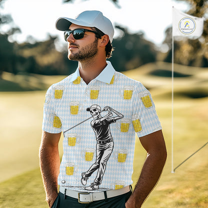 Funny Skull Golf Polo Shirts Beer Blue Argyle Pattern Custom Name Skull Playing Golf Apparel NBT629