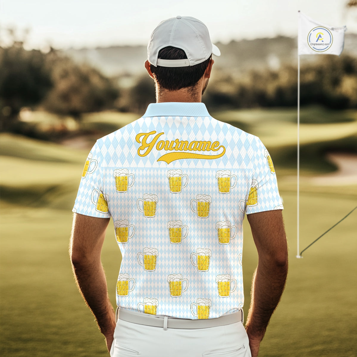 Funny Skull Golf Polo Shirts Beer Blue Argyle Pattern Custom Name Skull Playing Golf Apparel NBT629