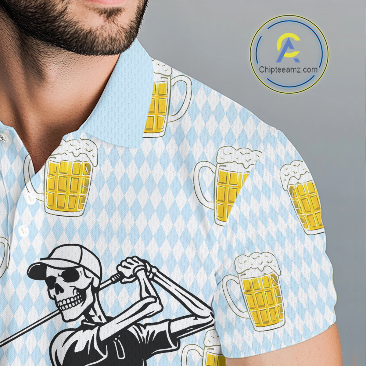 Funny Skull Golf Polo Shirts Beer Blue Argyle Pattern Custom Name Skull Playing Golf Apparel NBT629