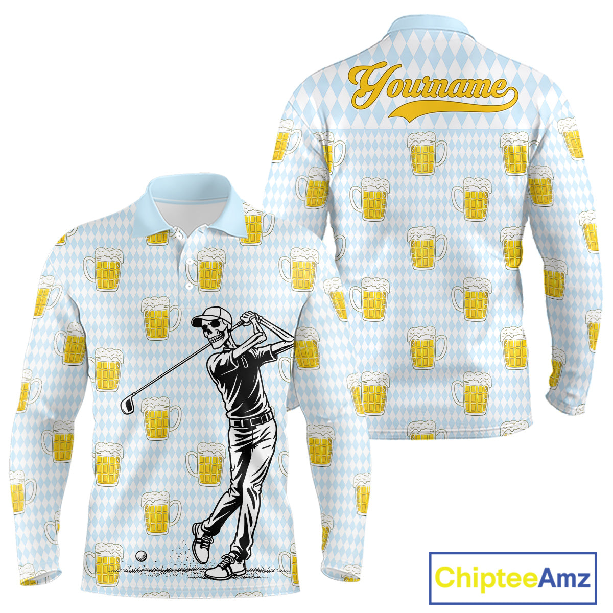 Funny Skull Golf Polo Shirts Beer Blue Argyle Pattern Custom Name Skull Playing Golf Apparel NBT629