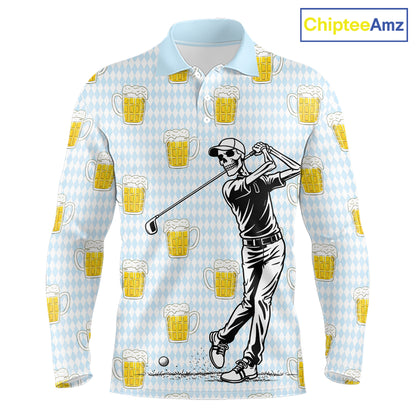 Funny Skull Golf Polo Shirts Beer Blue Argyle Pattern Custom Name Skull Playing Golf Apparel NBT629