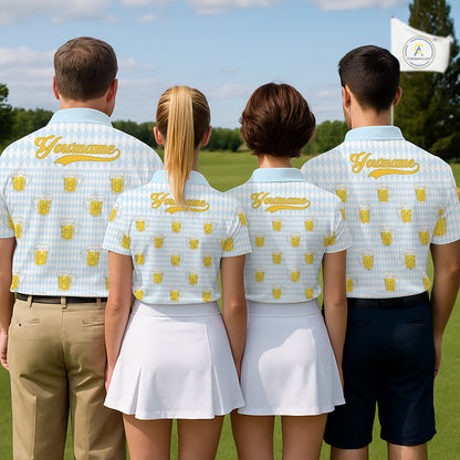 Funny Skull Golf Polo Shirts Beer Blue Argyle Pattern Custom Name Skull Playing Golf Apparel NBT629